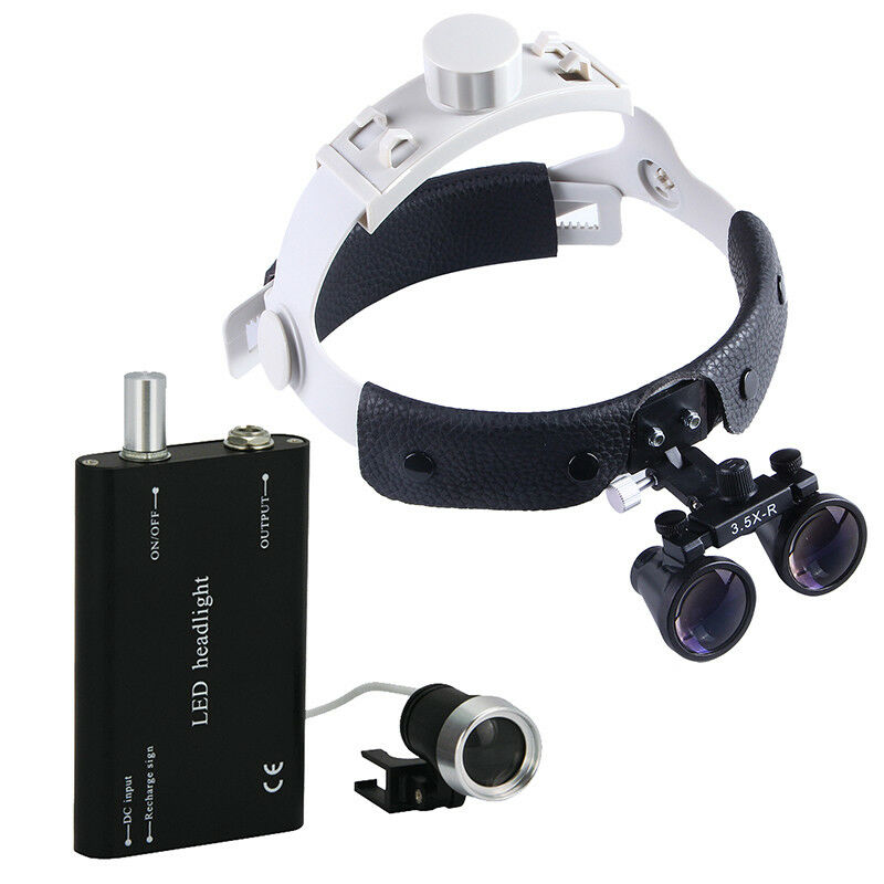3.5X420mm Fita de Cabeça Lupa Binocular Cirurgica Odontologico + Fotoforo Cirurgico LED