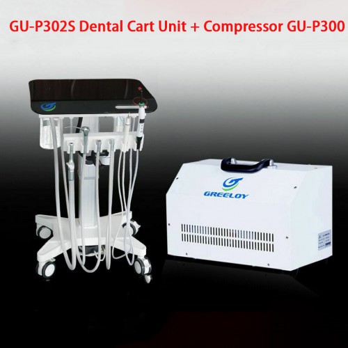 Greeloy GU-P302S Unidade móvel de carrinho de tratamento dentário ajustado + ultrassom Scaler + compressor de ar GU-P300
