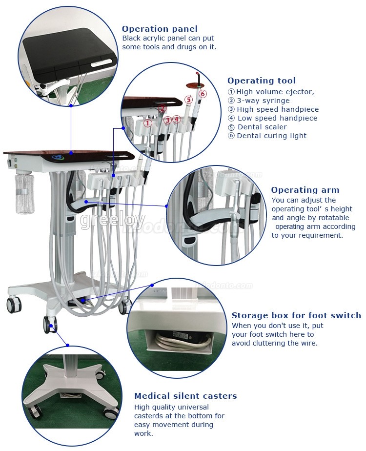 Greeloy GU-P302S Unidade móvel de carrinho de tratamento dentário ajustado + ultrassom Scaler + compressor de ar GU-P300