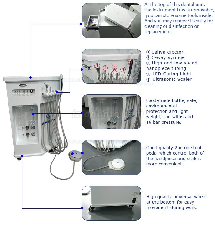 Greeloy® GU-P212 3 in 1 Carrinho de entrega dentária móvel com fotopolimerizador & ultrassom Scaler