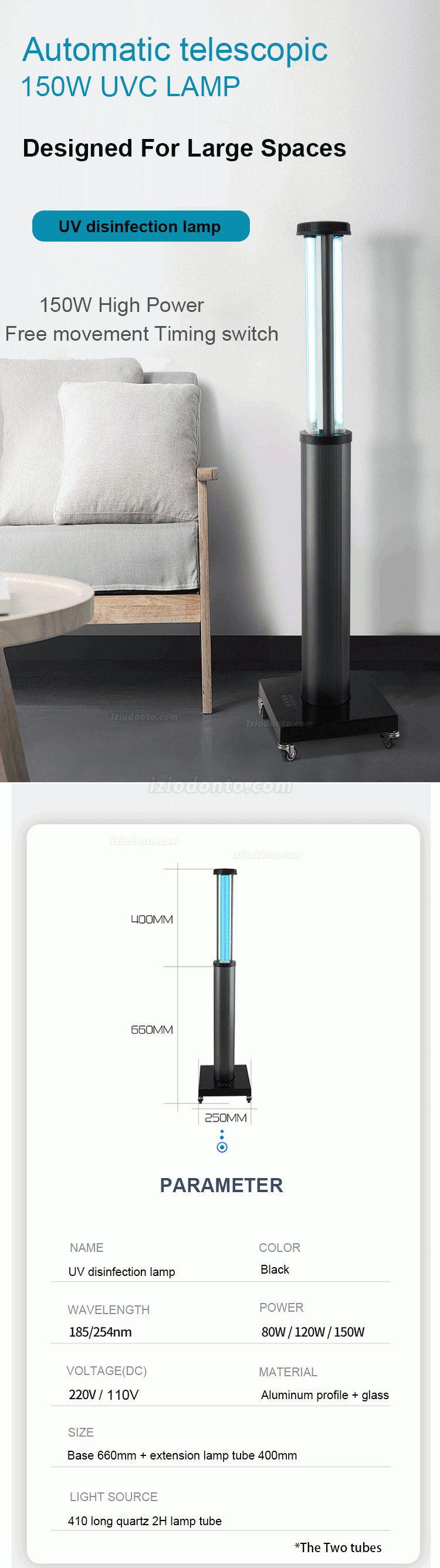 150W Móvel UV Ultravioleta De Desinfecção Inteligente Telescópico Automático Troca Automática com Sensores de Radar