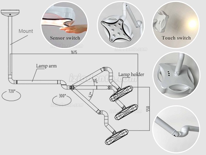 Micare JD1700 Foco Cirúrgico de teto odontológica Shadowles Lâmpada Cirúrgica LED