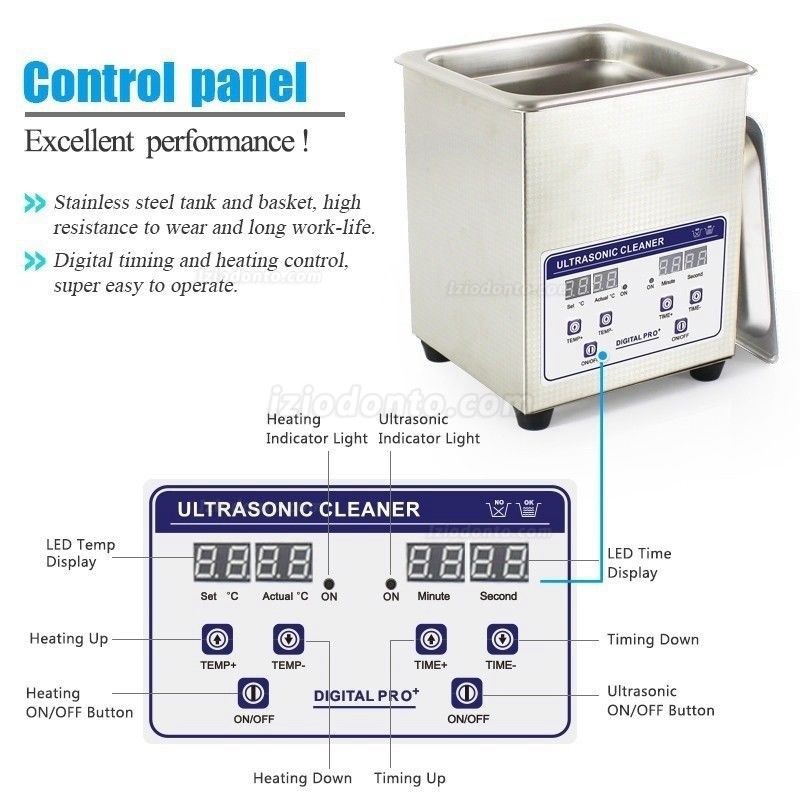 2L Limpador ultrassônico digital com aquecedor e temporizador em aço inoxidável